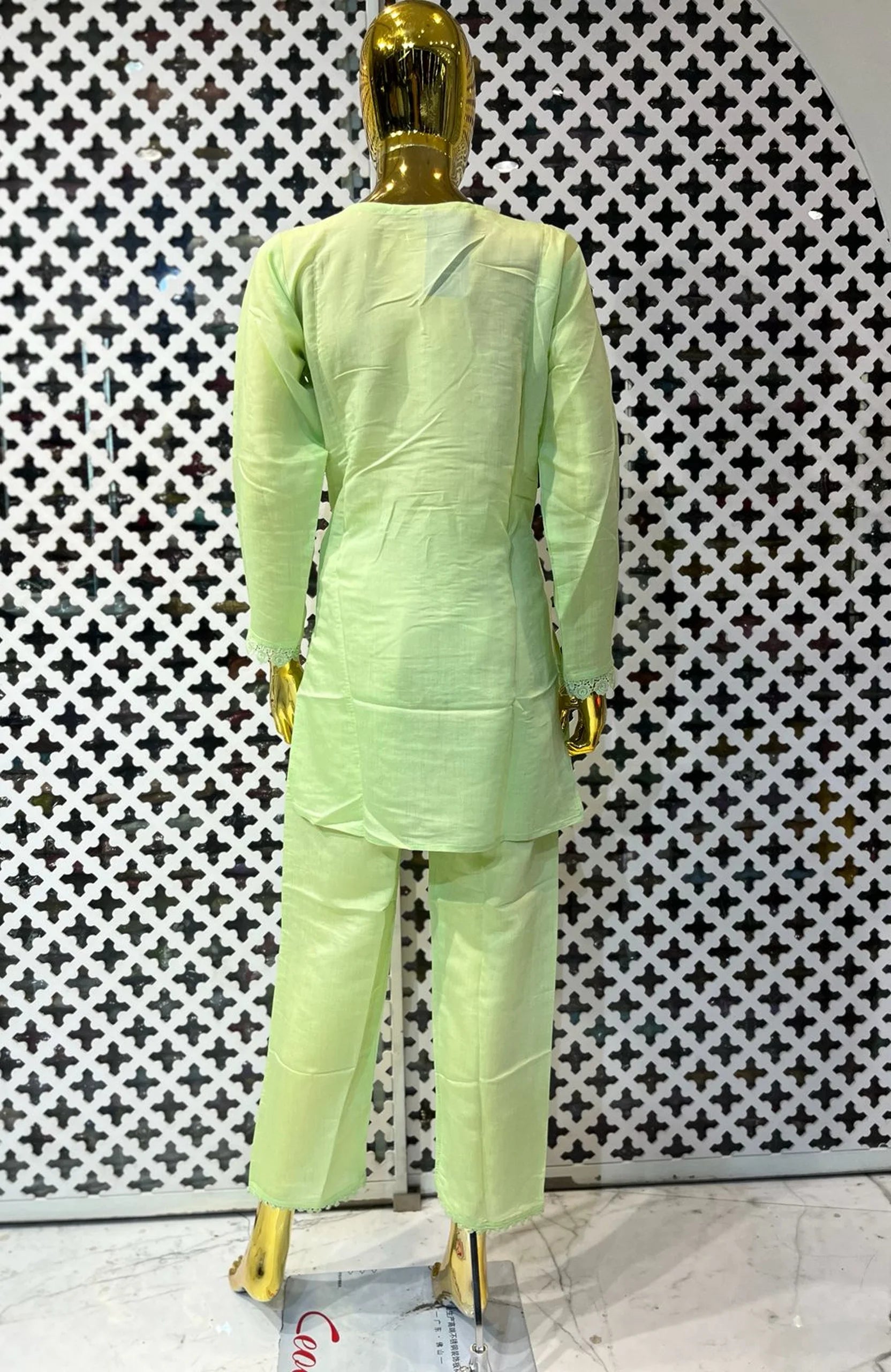 Pista Green Modal Silk Co-Ord Set for Women | Patch & Lace Work Designer 2 Piece Cord Set
