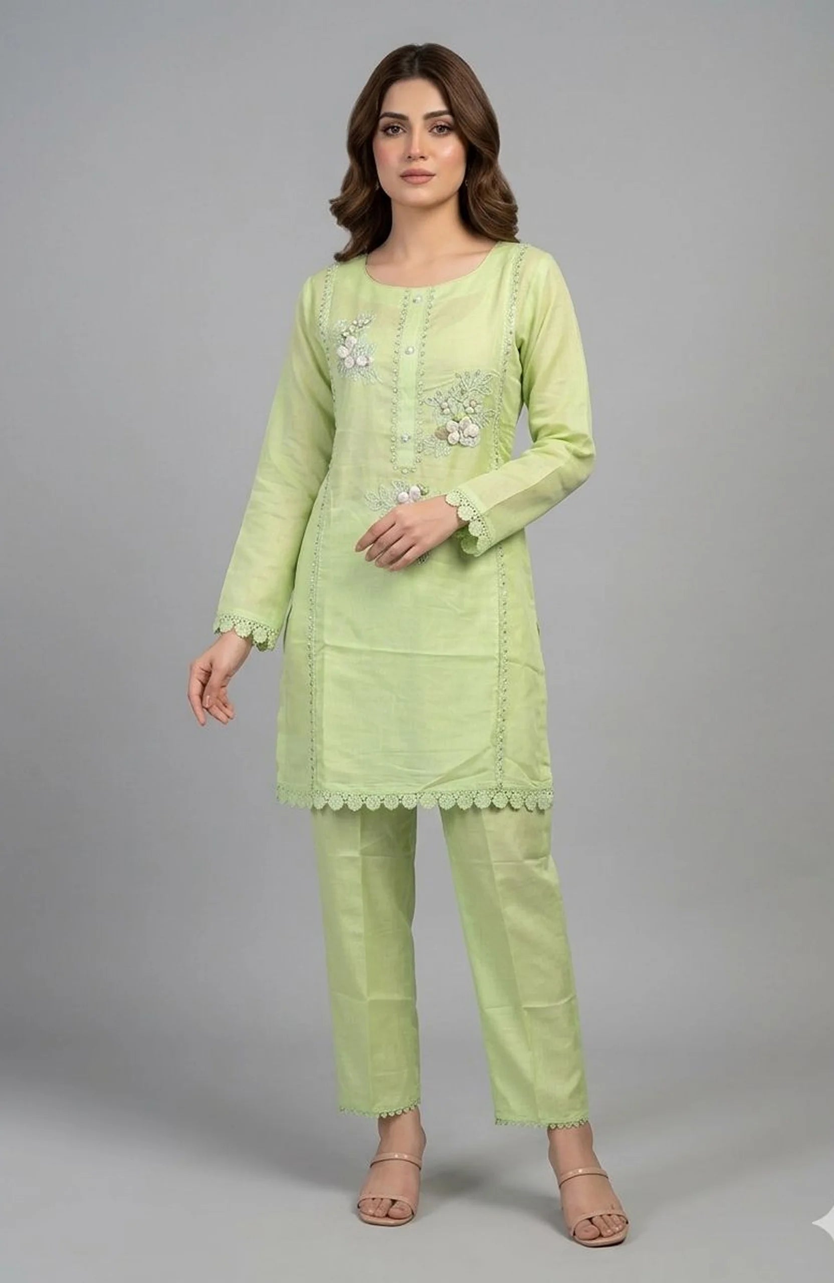 Pista Green Modal Silk Co-Ord Set for Women | Patch & Lace Work Designer 2 Piece Cord Set