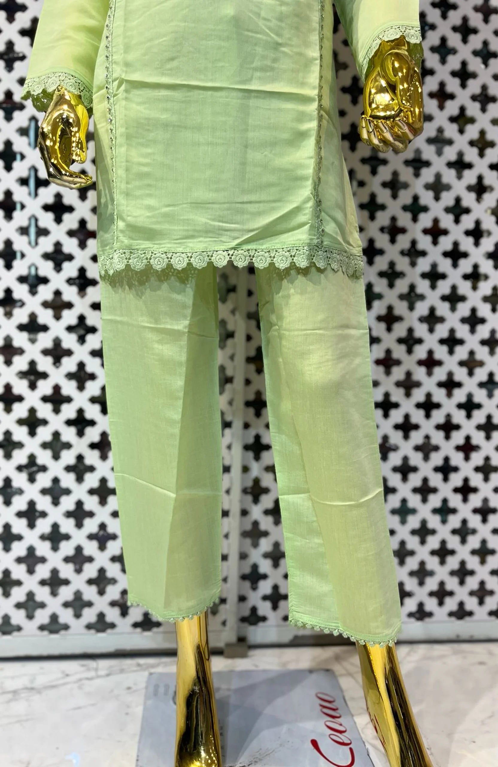 Pista Green Modal Silk Co-Ord Set for Women | Patch & Lace Work Designer 2 Piece Cord Set