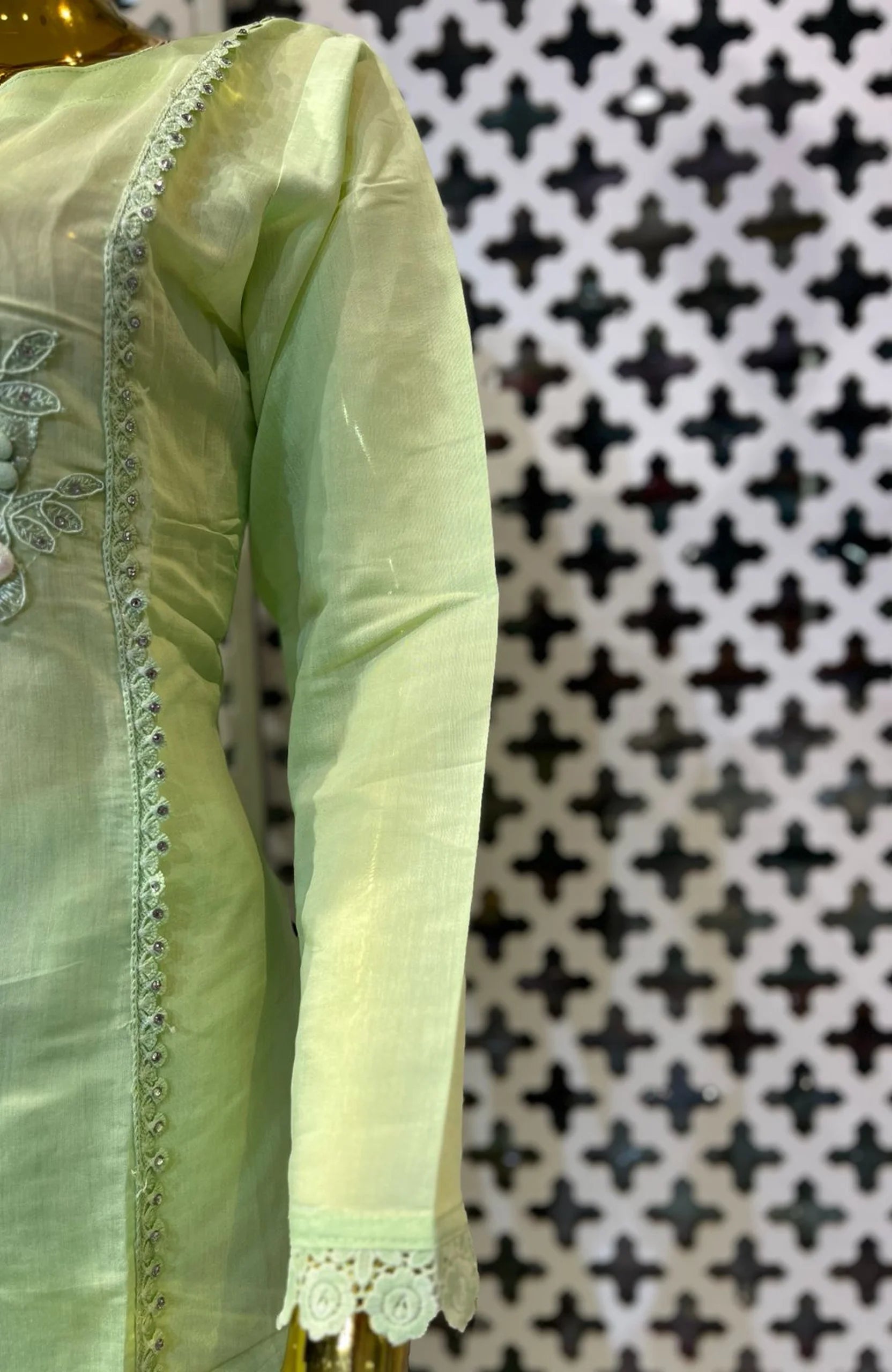 Pista Green Modal Silk Co-Ord Set for Women | Patch & Lace Work Designer 2 Piece Cord Set