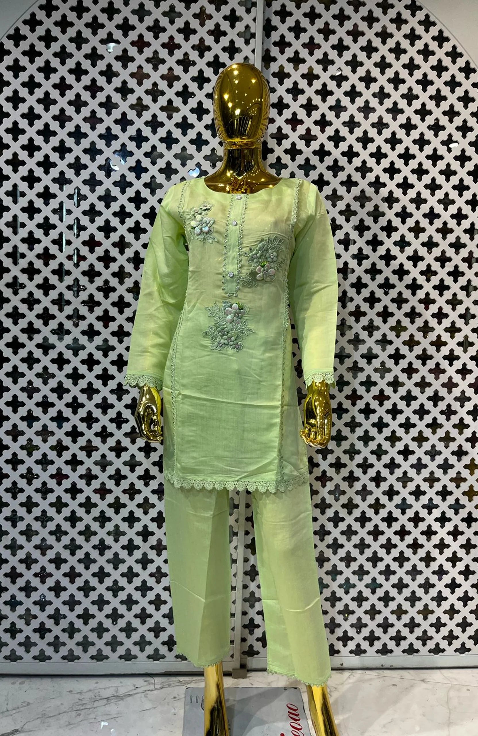 Pista Green Modal Silk Co-Ord Set for Women | Patch & Lace Work Designer 2 Piece Cord Set