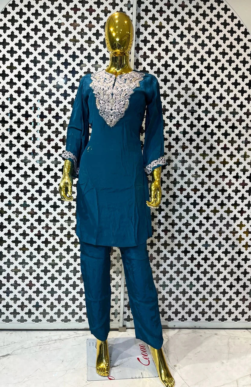Teal Blue Natural Satin Co-Ord Set for Women | Coding & Beads Work Designer 2 Piece Cord Set