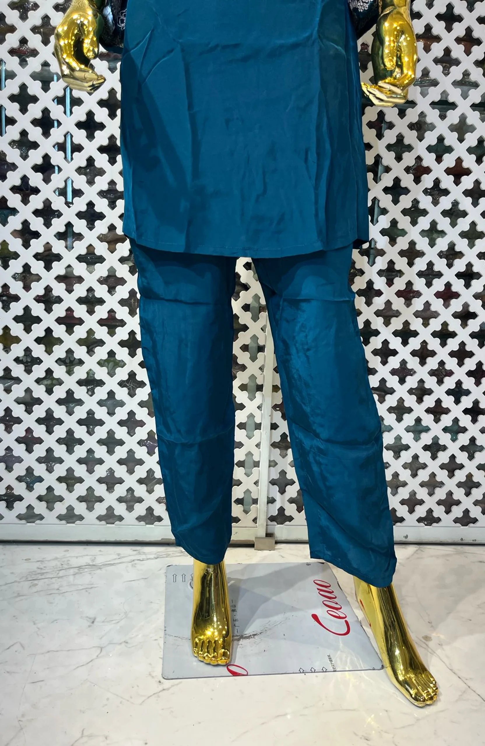 Teal Blue Natural Satin Co-Ord Set for Women | Coding & Beads Work Designer 2 Piece Cord Set