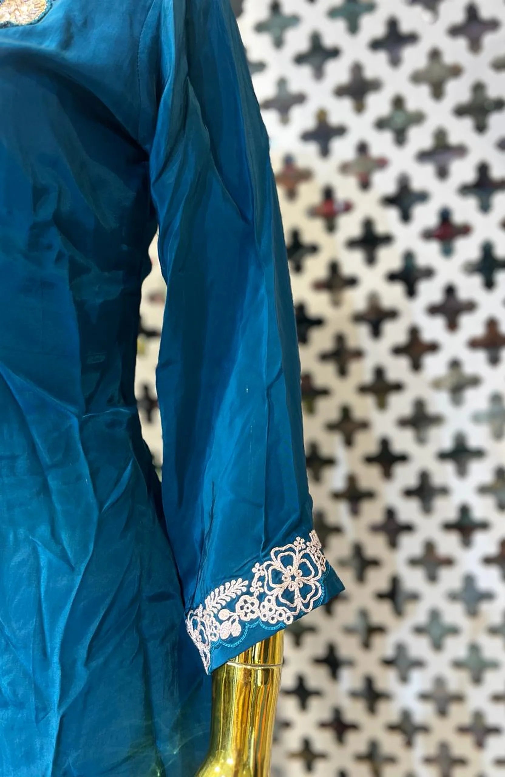 Teal Blue Natural Satin Co-Ord Set for Women | Coding & Beads Work Designer 2 Piece Cord Set