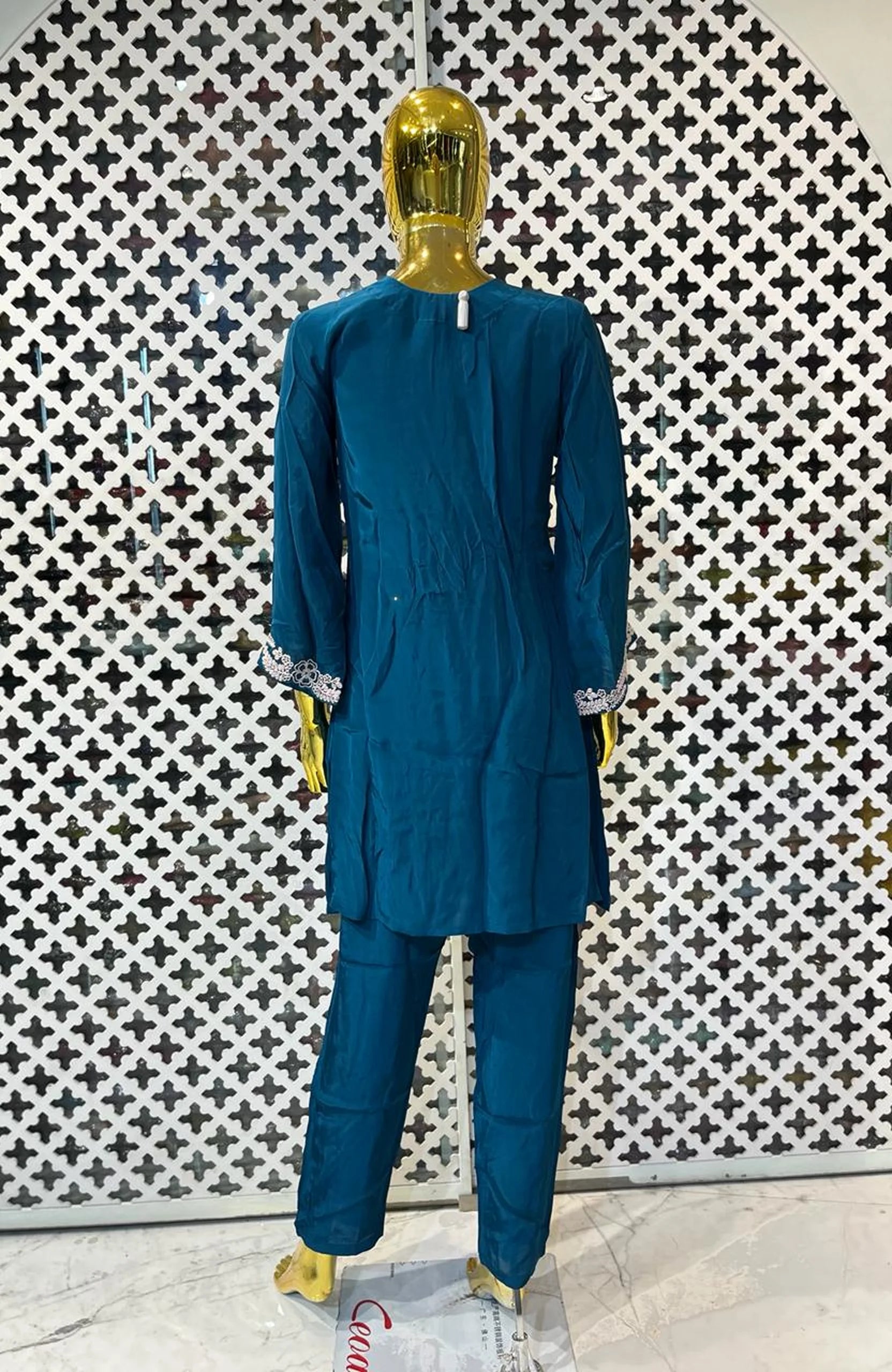 Teal Blue Natural Satin Co-Ord Set for Women | Coding & Beads Work Designer 2 Piece Cord Set