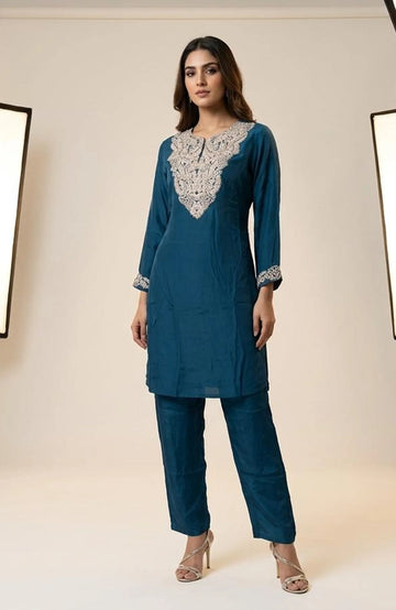 Teal Blue Natural Satin Co-Ord Set for Women | Coding & Beads Work Designer 2 Piece Cord Set