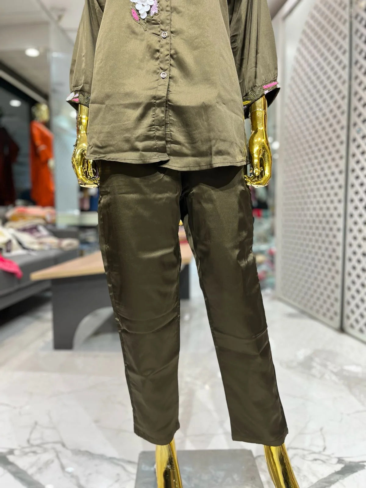 Dusty Brown Pure Crepe Silk Handwork Two Piece Co-ord Set for Women | Designer Ethnic Wear