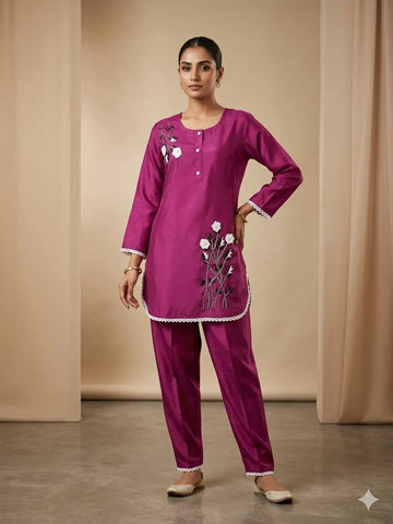 Wine Silk Handwork 2 Piece Cord Set for Women | Designer Ethnic Wear