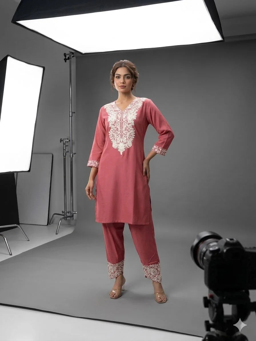 Gazri Slub Rayon Embroidery & Handwork 2 Piece Cord Set for Women | Designer Ethnic Co-Ord Set