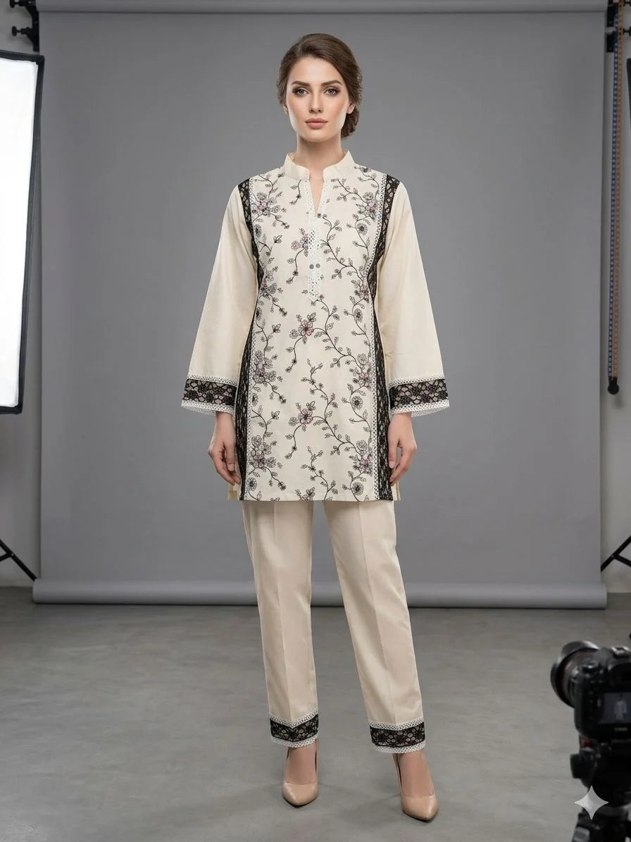 Cream Pure Cotton Embroidery & Sequins Work 2 Piece Cord Set for Women | Designer Ethnic Co-ord Set
