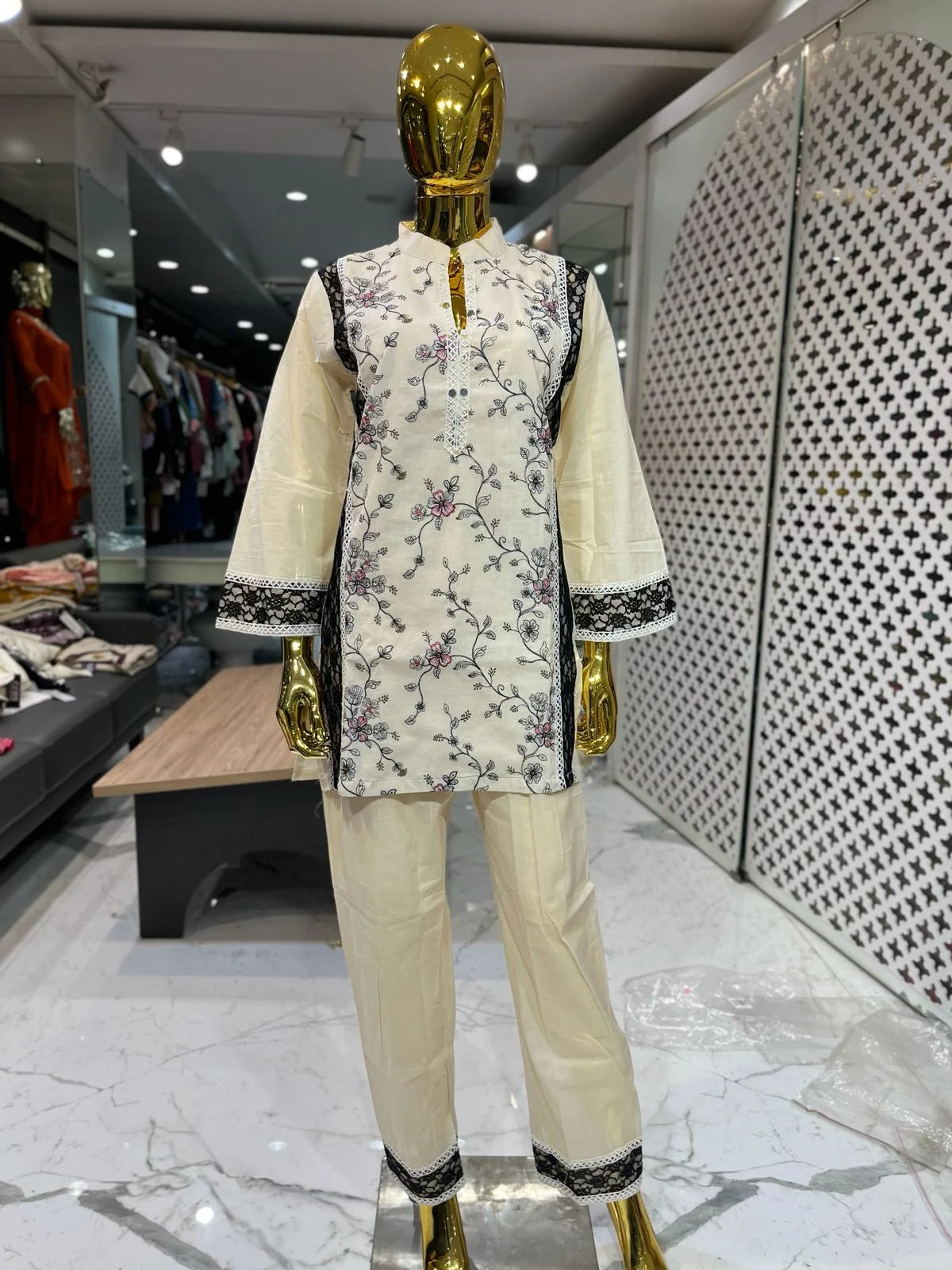 Cream Pure Cotton Embroidery & Sequins Work 2 Piece Cord Set for Women | Designer Ethnic Co-ord Set