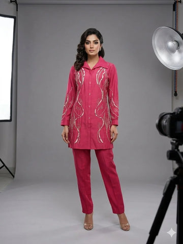 Rani Pink Silk Cotton Handwork 2 Piece Cord Set for Women | Designer Ethnic Co-ord Set