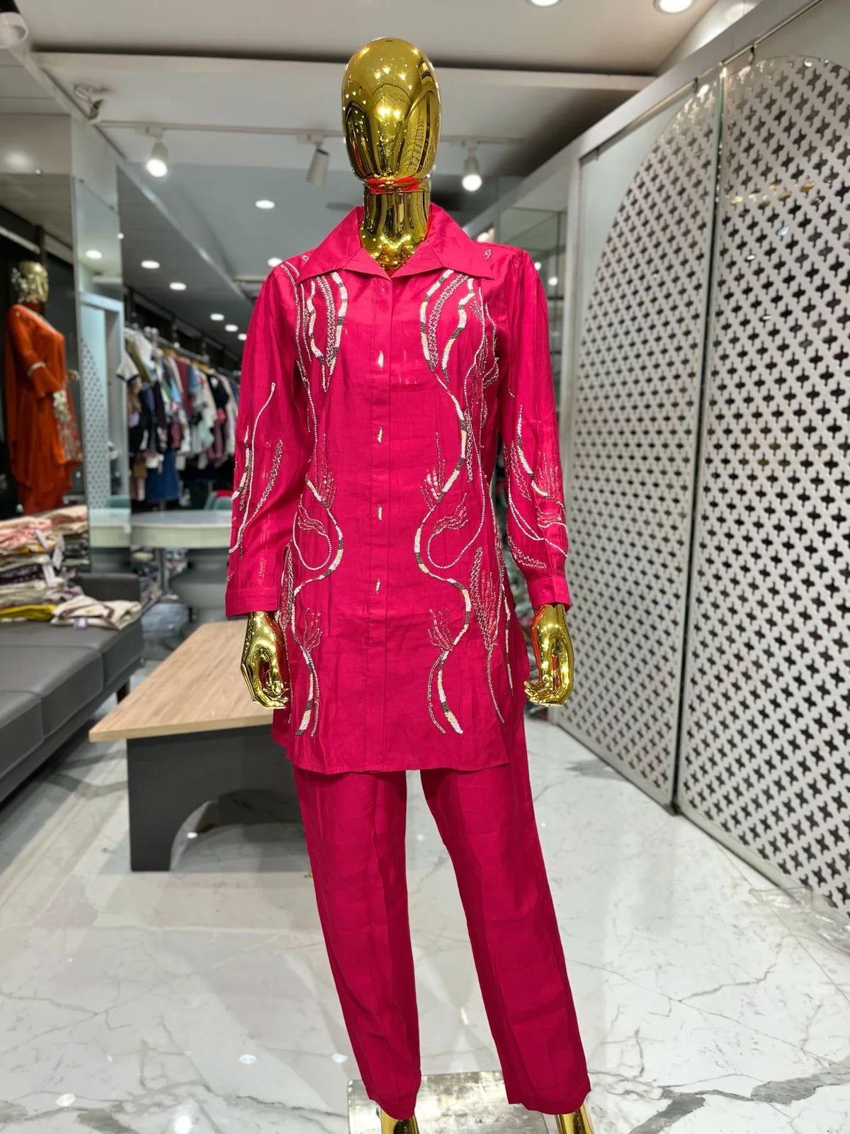 Rani Pink Silk Cotton Handwork 2 Piece Cord Set for Women | Designer Ethnic Co-ord Set