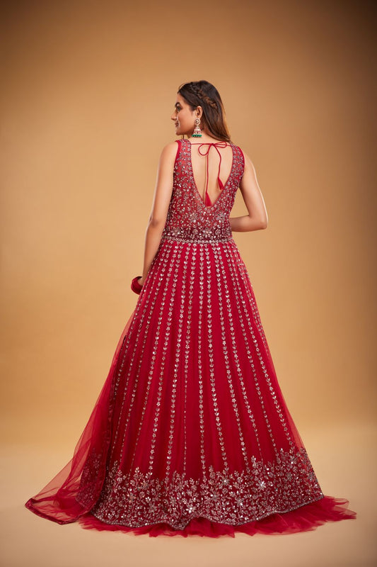 Carmine Red Color Beautiful Anarkali Styled Gown
