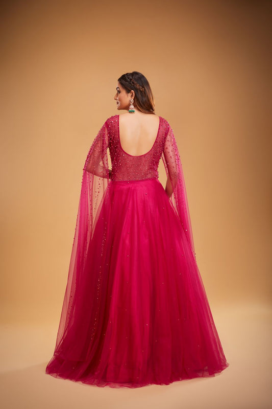 Dark Pink Gown With Glamorous Dropping Designer Long Sleeves