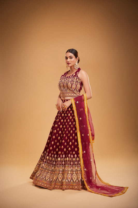 Carmine Color Crop Top Skirt In Embroidery Work With Heavy Royal Dazzling Dupatta