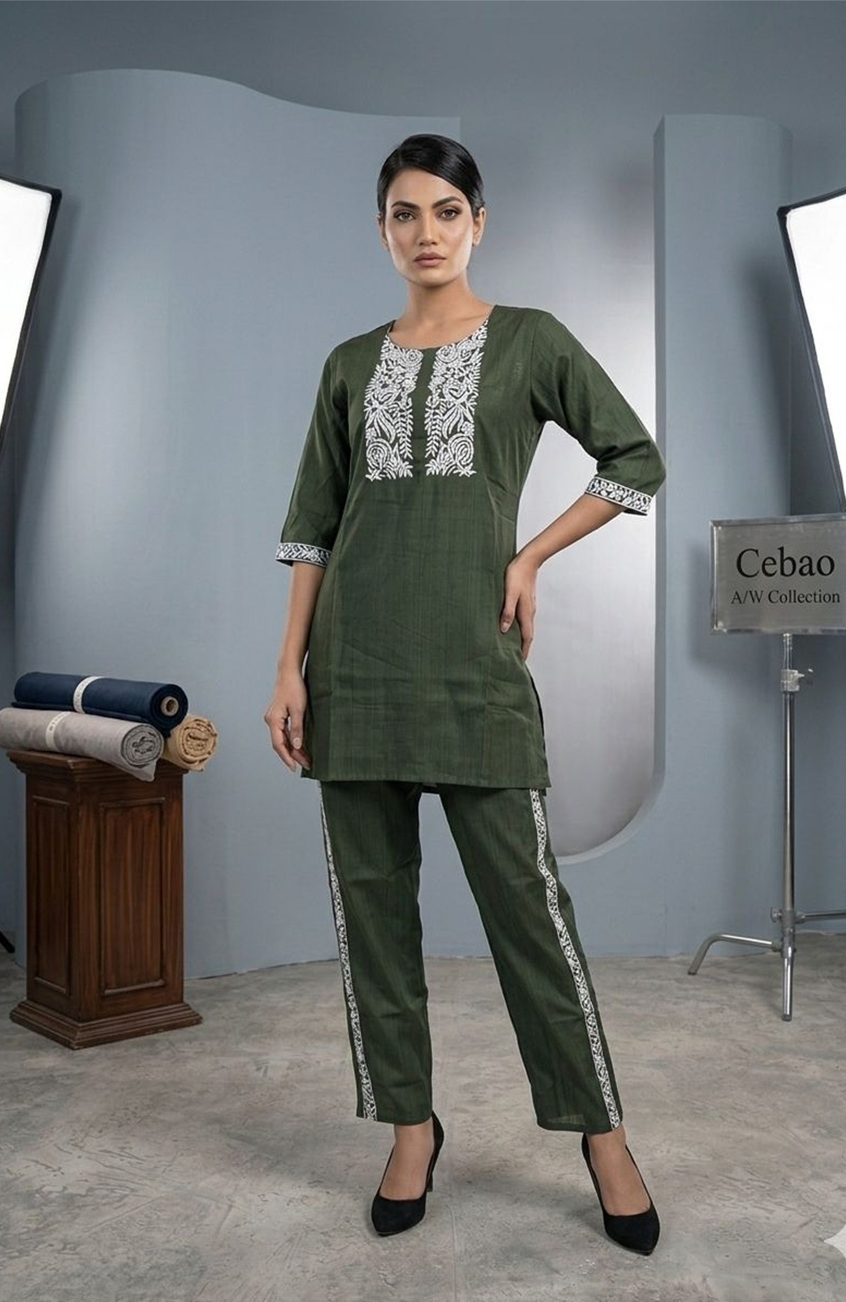 Mehndi Green Roman Silk Embroidered Co-Ord Set for Women | Elegant Designer Two Piece Outfit