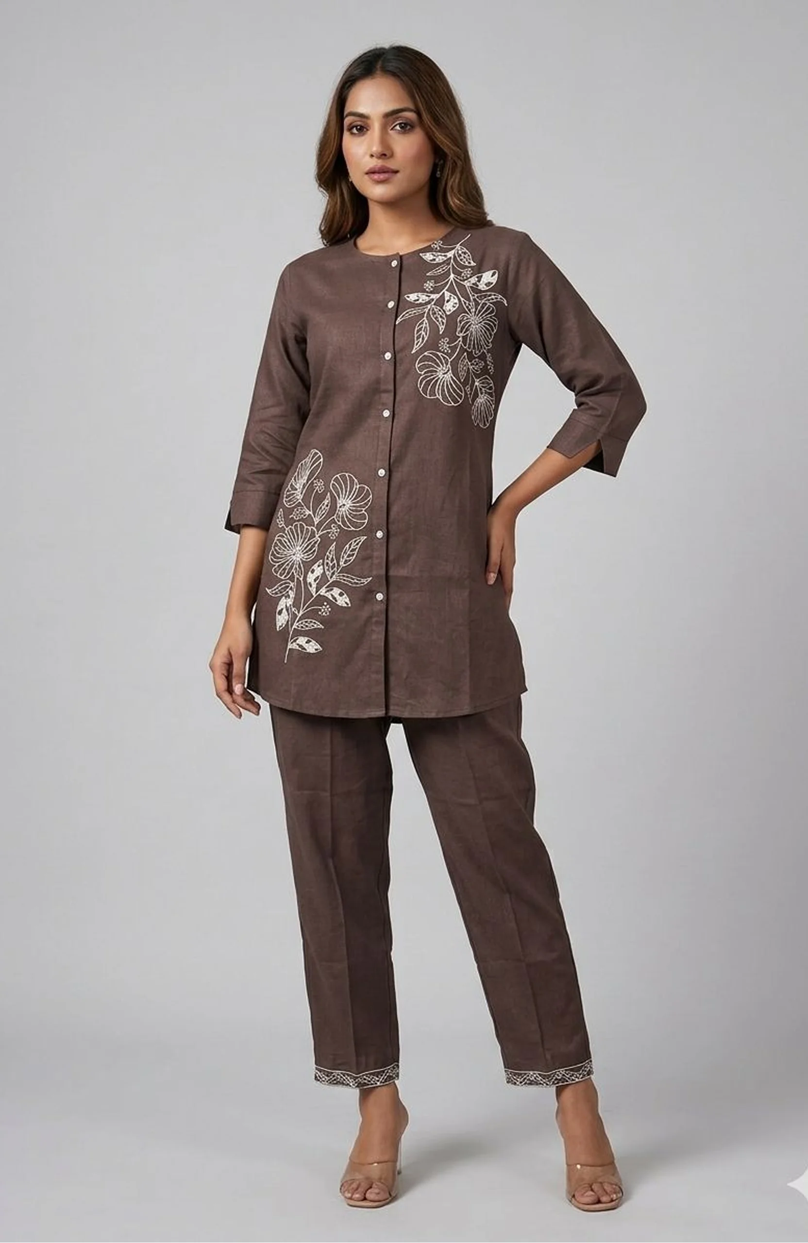 Coffee Roman Silk Embroidered Co-Ord Set for Women | Elegant 2 Piece Designer Outfit