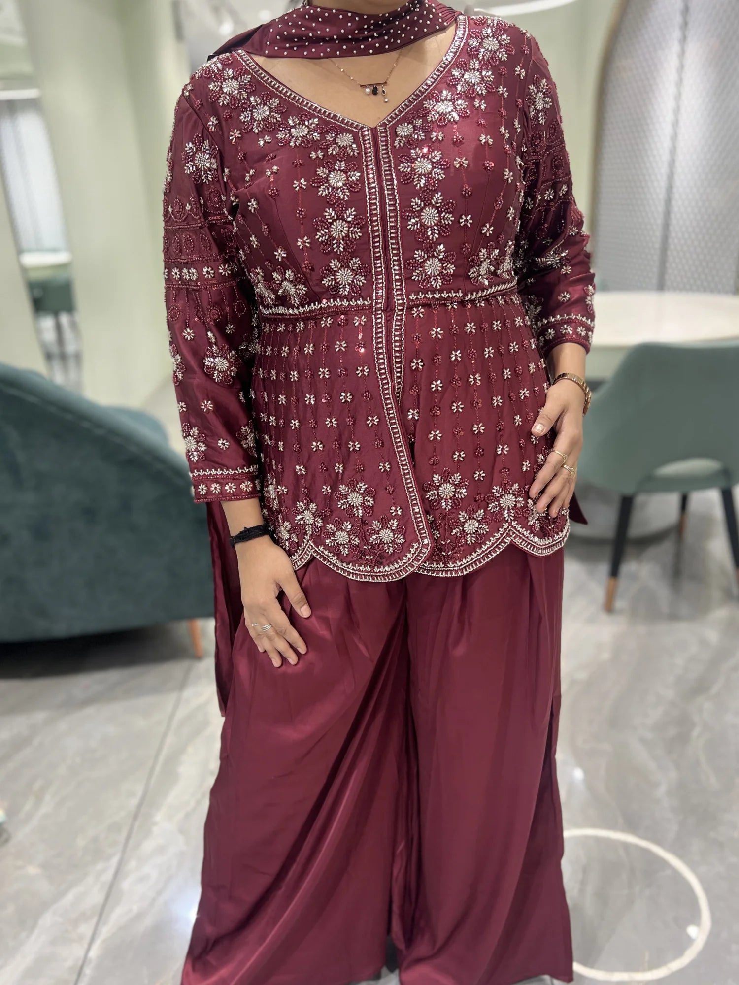 Wine Hand Work Georgette Indo Western - RGORICT 479 7