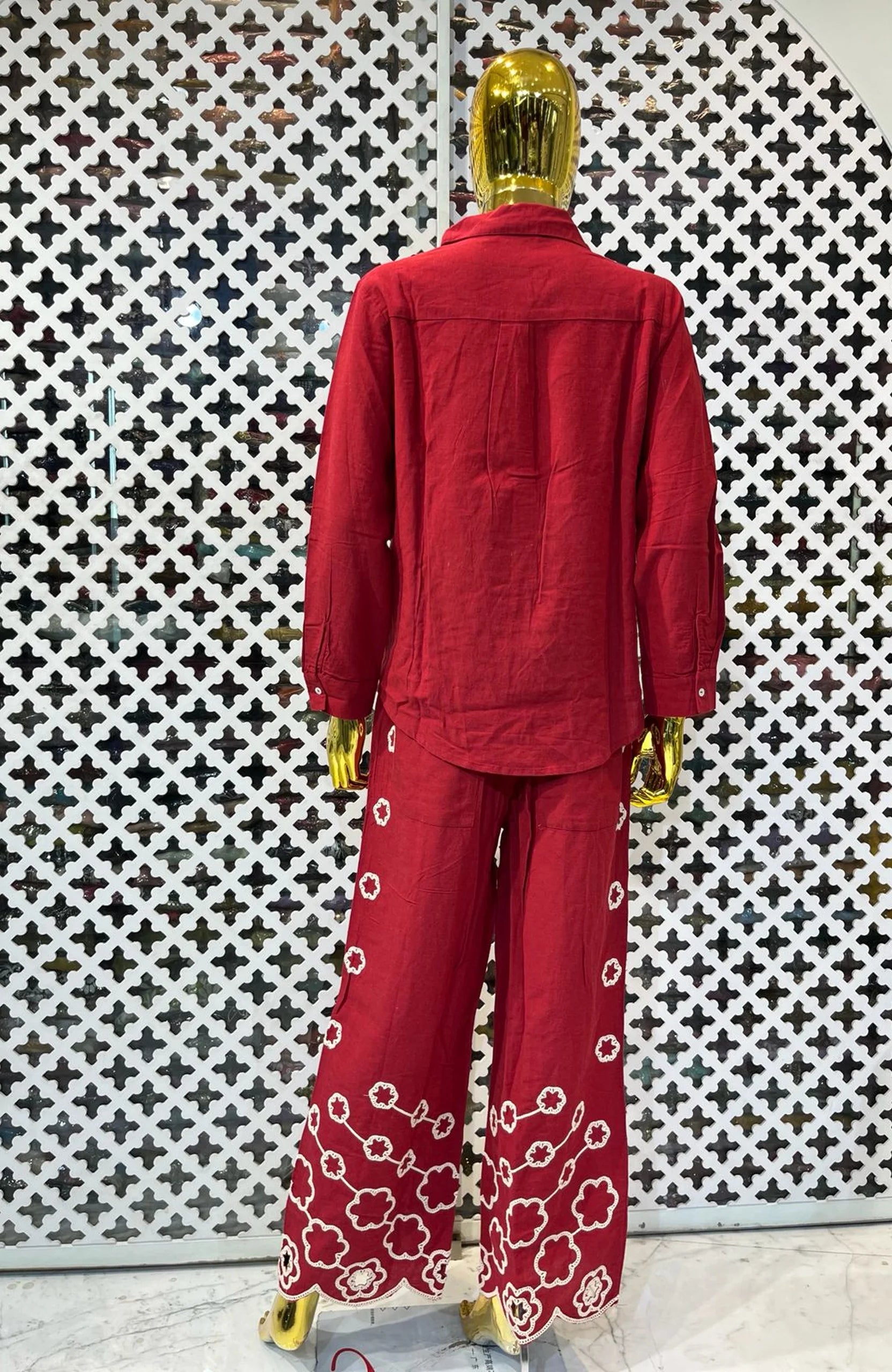 Maroon Linen Cotton Embroidered Co-Ord Set for Women | Thread Work Designer 2 Piece Outfit