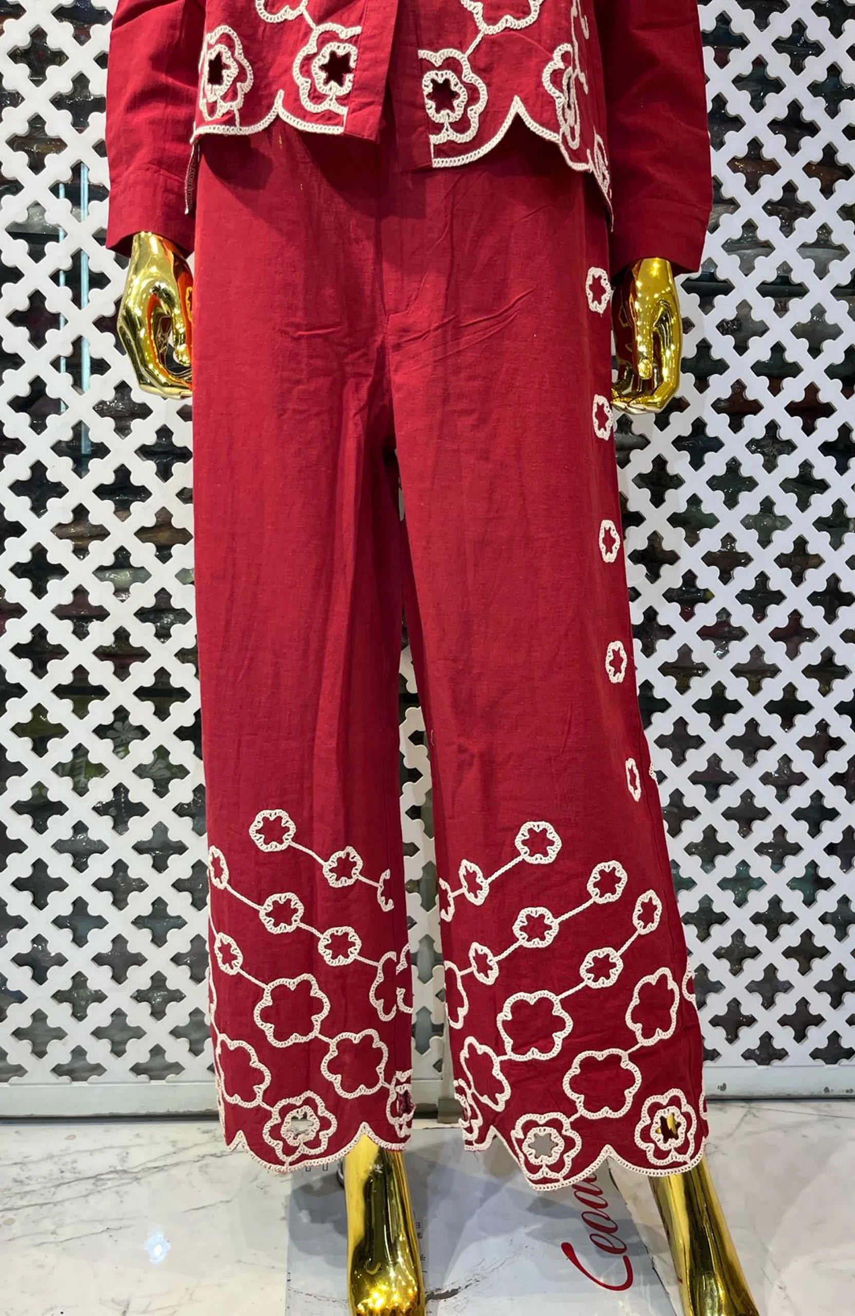 Maroon Linen Cotton Embroidered Co-Ord Set for Women | Thread Work Designer 2 Piece Outfit