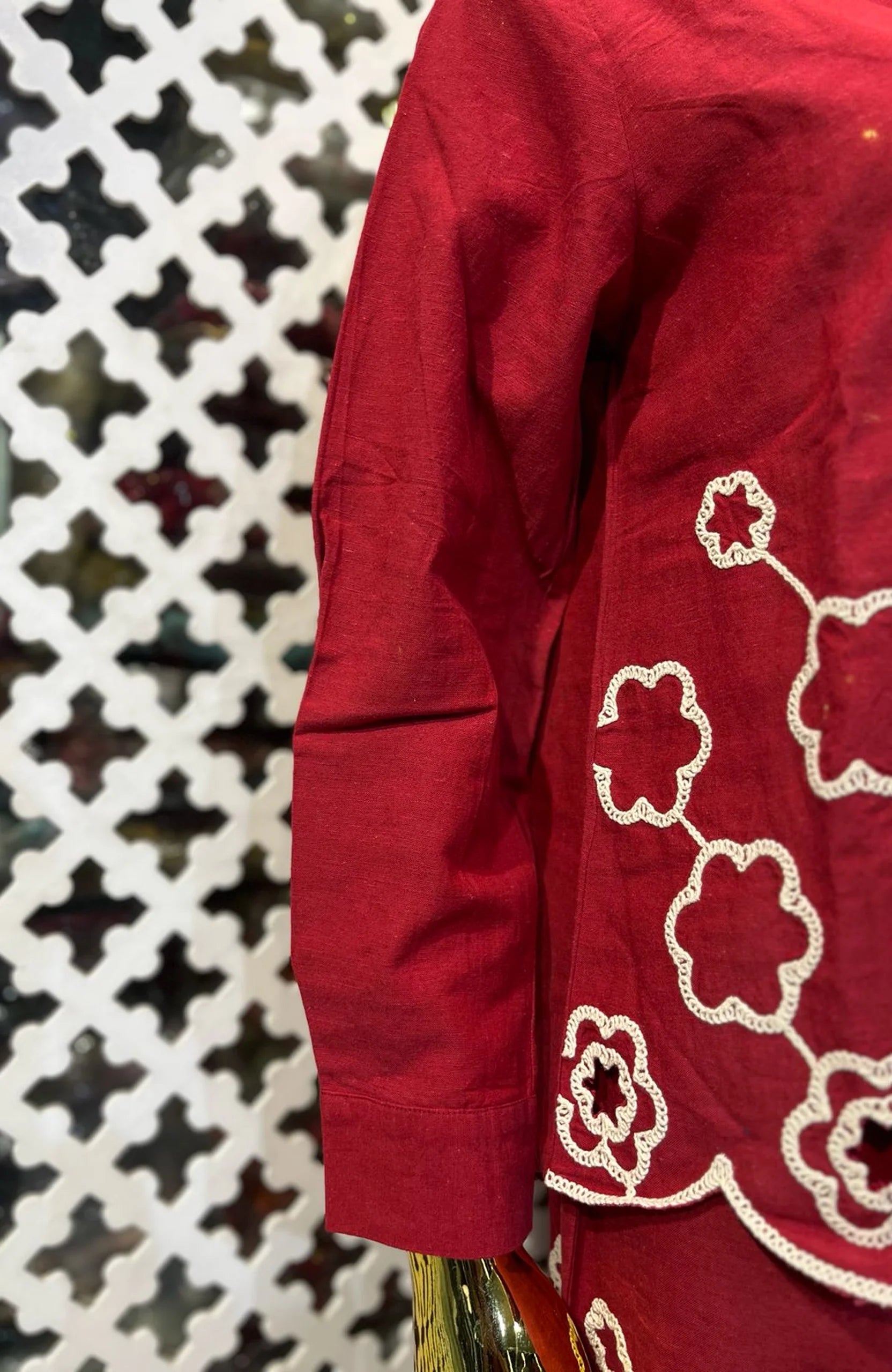 Maroon Linen Cotton Embroidered Co-Ord Set for Women | Thread Work Designer 2 Piece Outfit