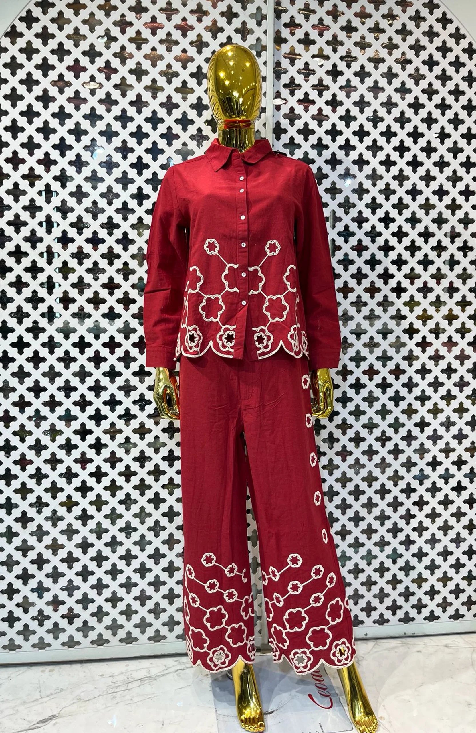 Maroon Linen Cotton Embroidered Co-Ord Set for Women | Thread Work Designer 2 Piece Outfit