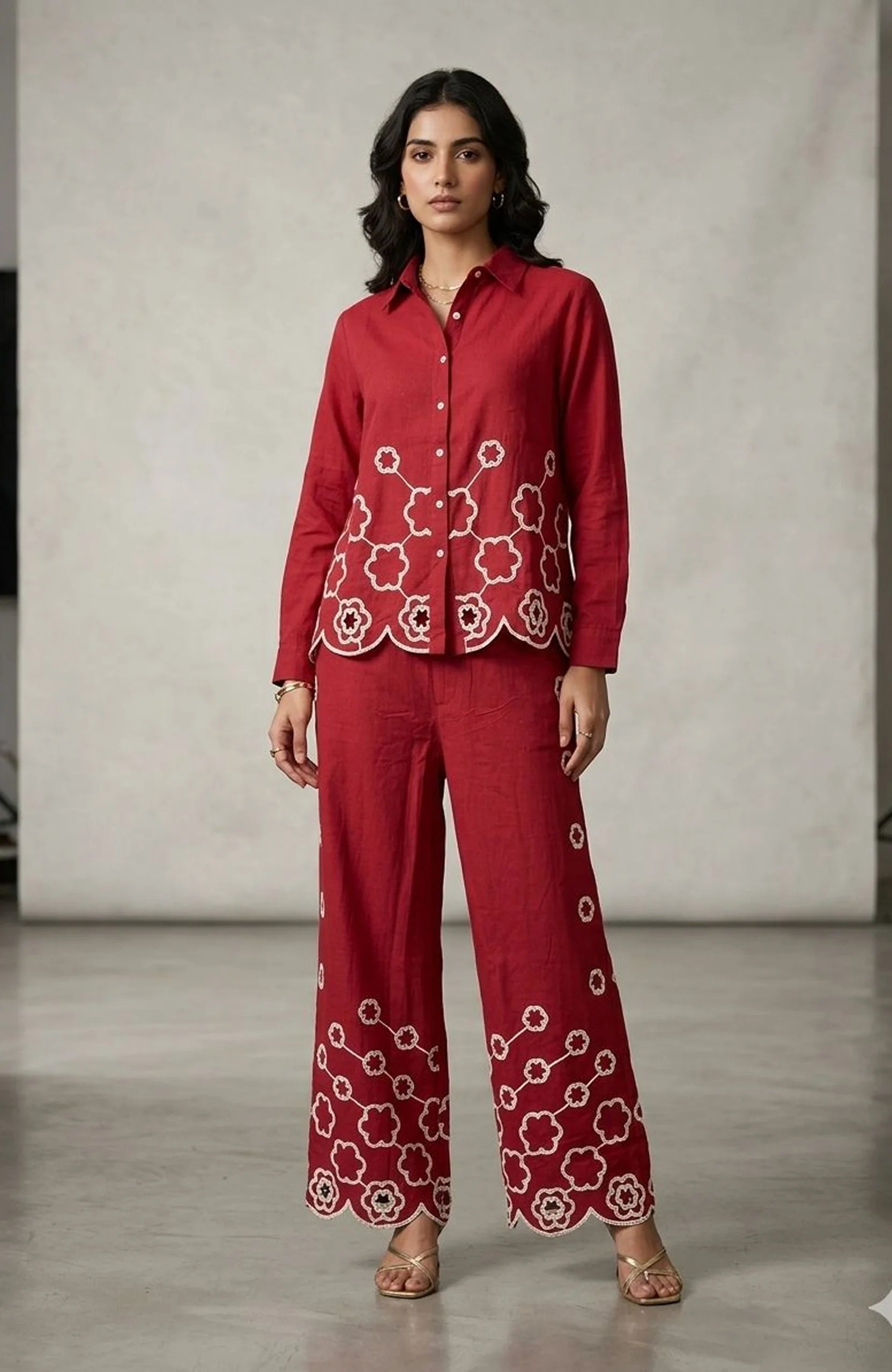 Maroon Linen Cotton Embroidered Co-Ord Set for Women | Thread Work Designer 2 Piece Outfit