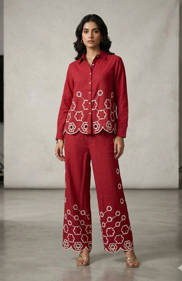 Maroon Linen Cotton Embroidered Co-Ord Set for Women | Thread Work Designer 2 Piece Outfit