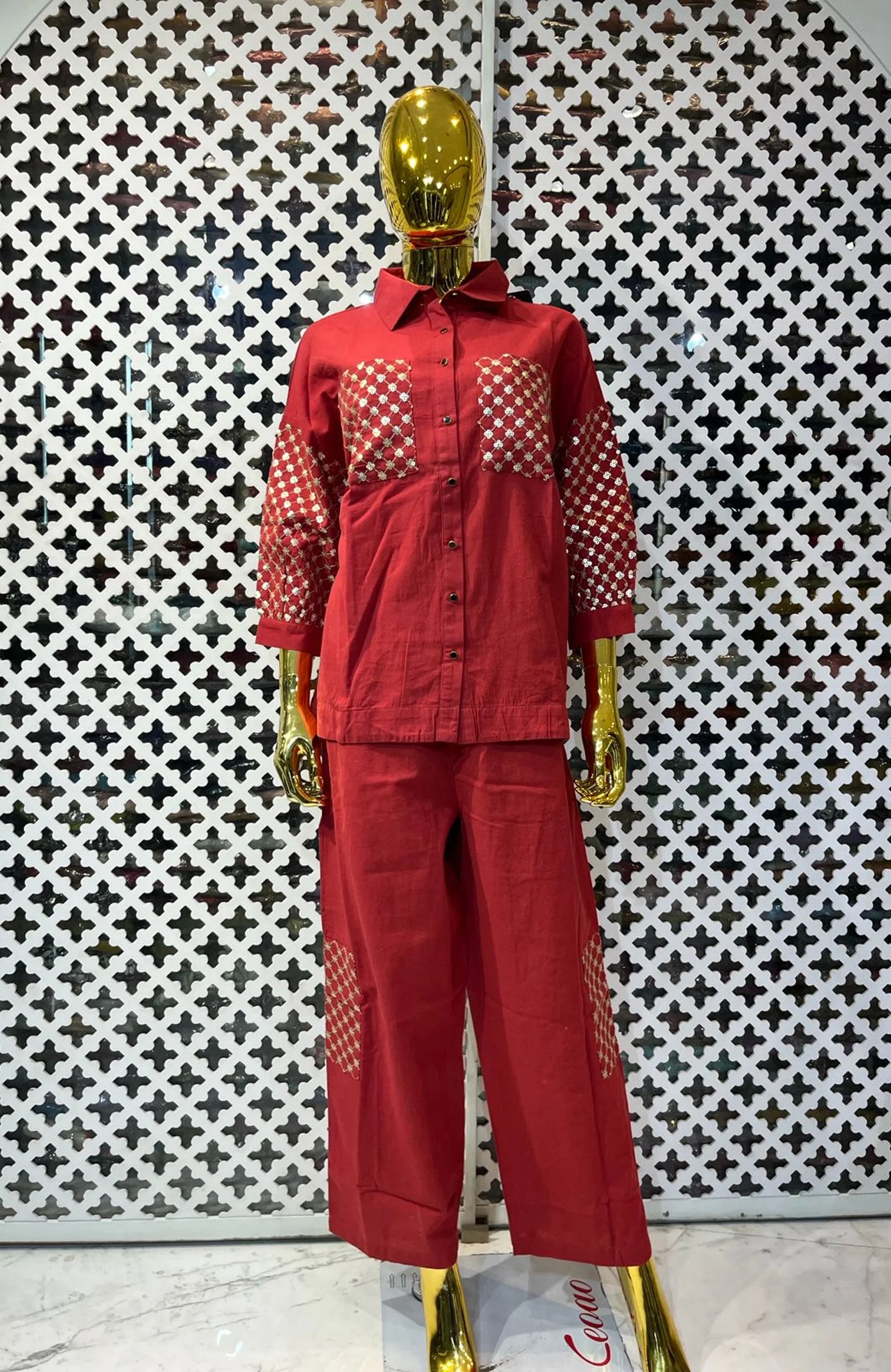 Maroon Linen Cotton Embroidered Co-Ord Set for Women | Sequin Work Designer 2 Piece Cord Set