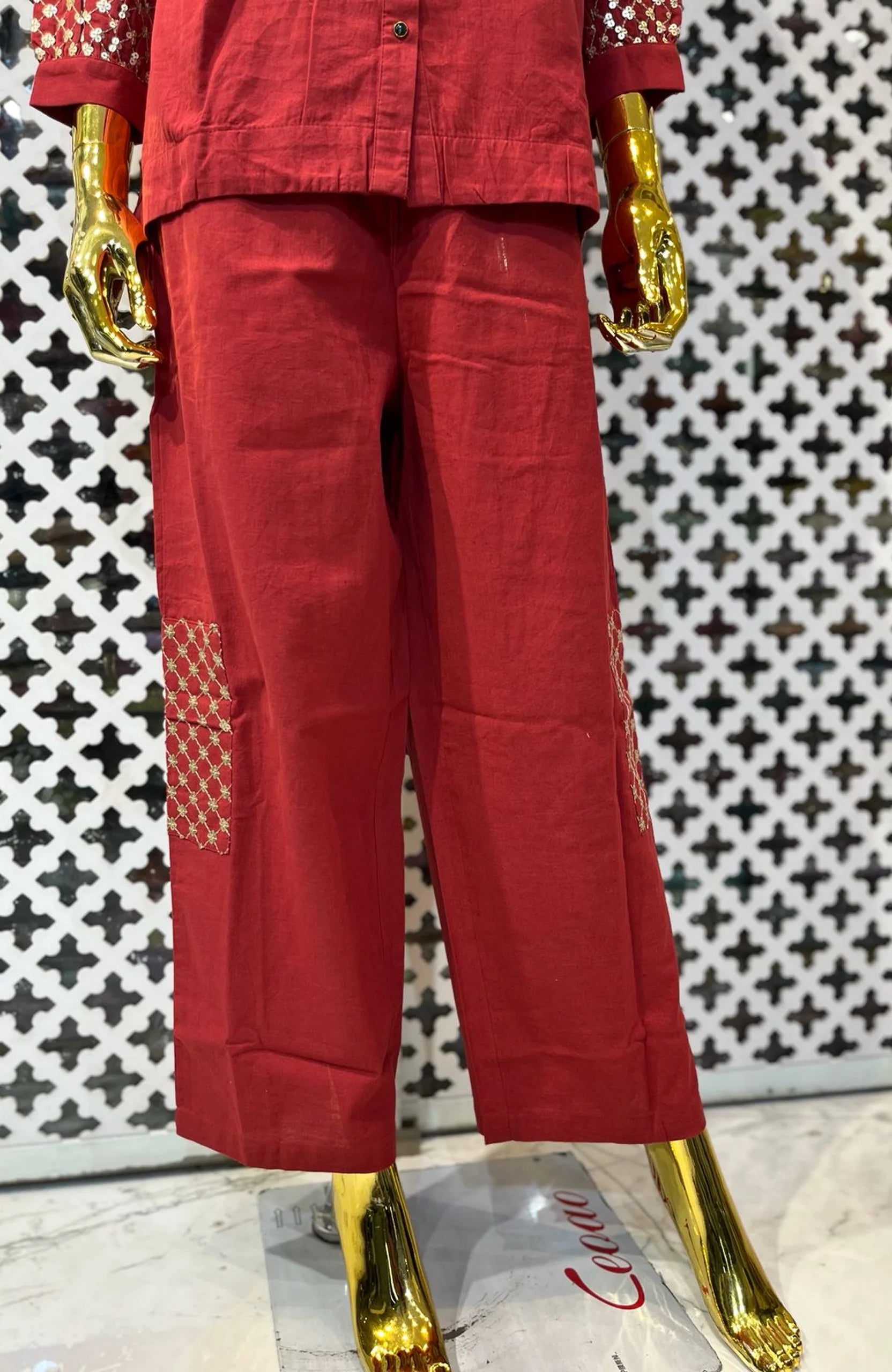 Maroon Linen Cotton Embroidered Co-Ord Set for Women | Sequin Work Designer 2 Piece Cord Set