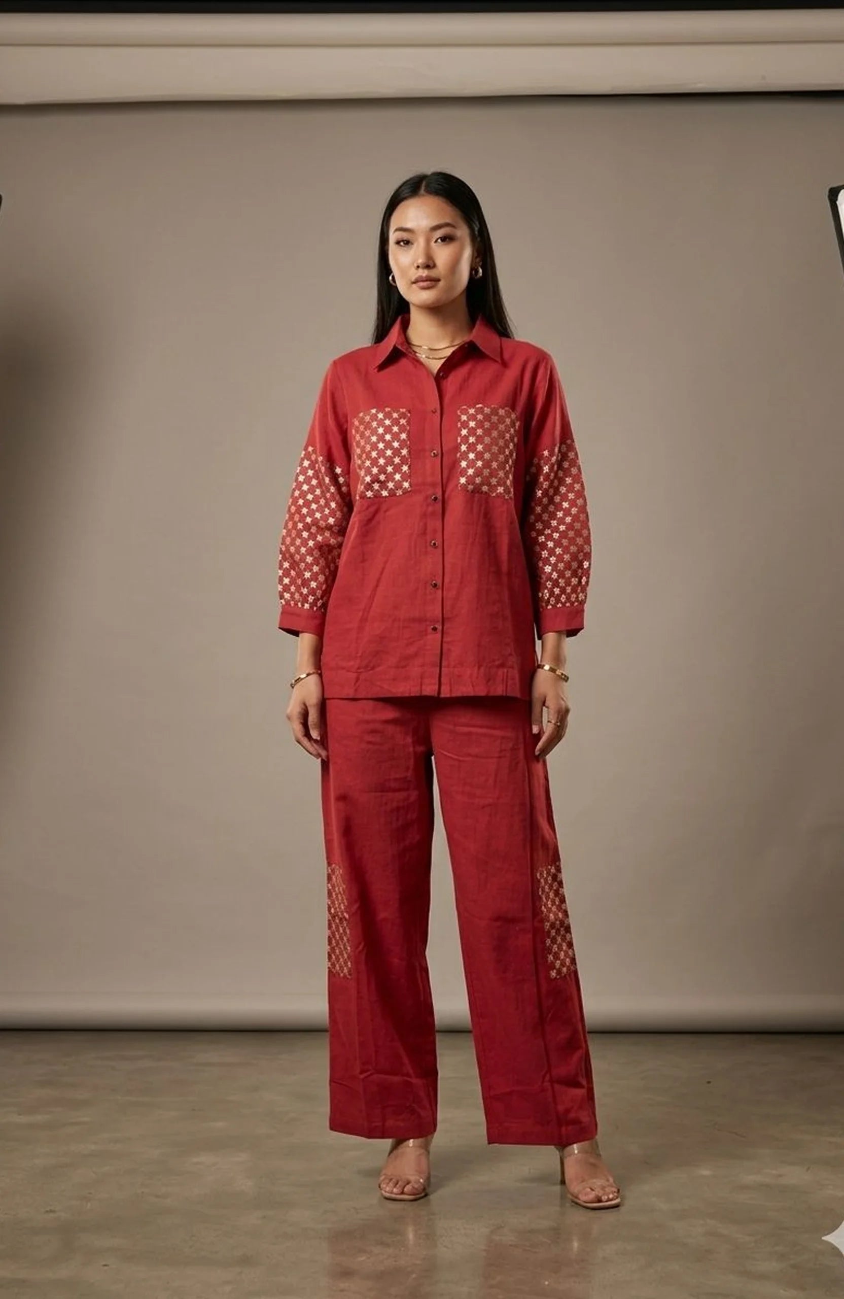 Maroon Linen Cotton Embroidered Co-Ord Set for Women | Sequin Work Designer 2 Piece Cord Set