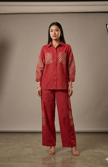 Maroon Linen Cotton Embroidered Co-Ord Set for Women | Sequin Work Designer 2 Piece Cord Set