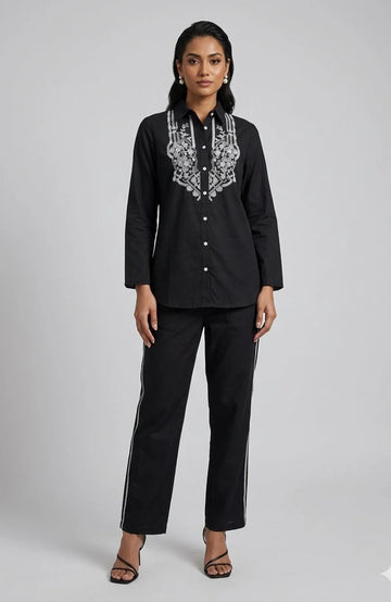 Black Rayon Mirror Work Co-Ord Set for Women | Embroidered Designer 2 Piece Cord Set