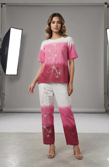 Pink Khadi Cotton Ombre Co-Ord Set for Women | Thread Work Designer 2 Piece Cord Set
