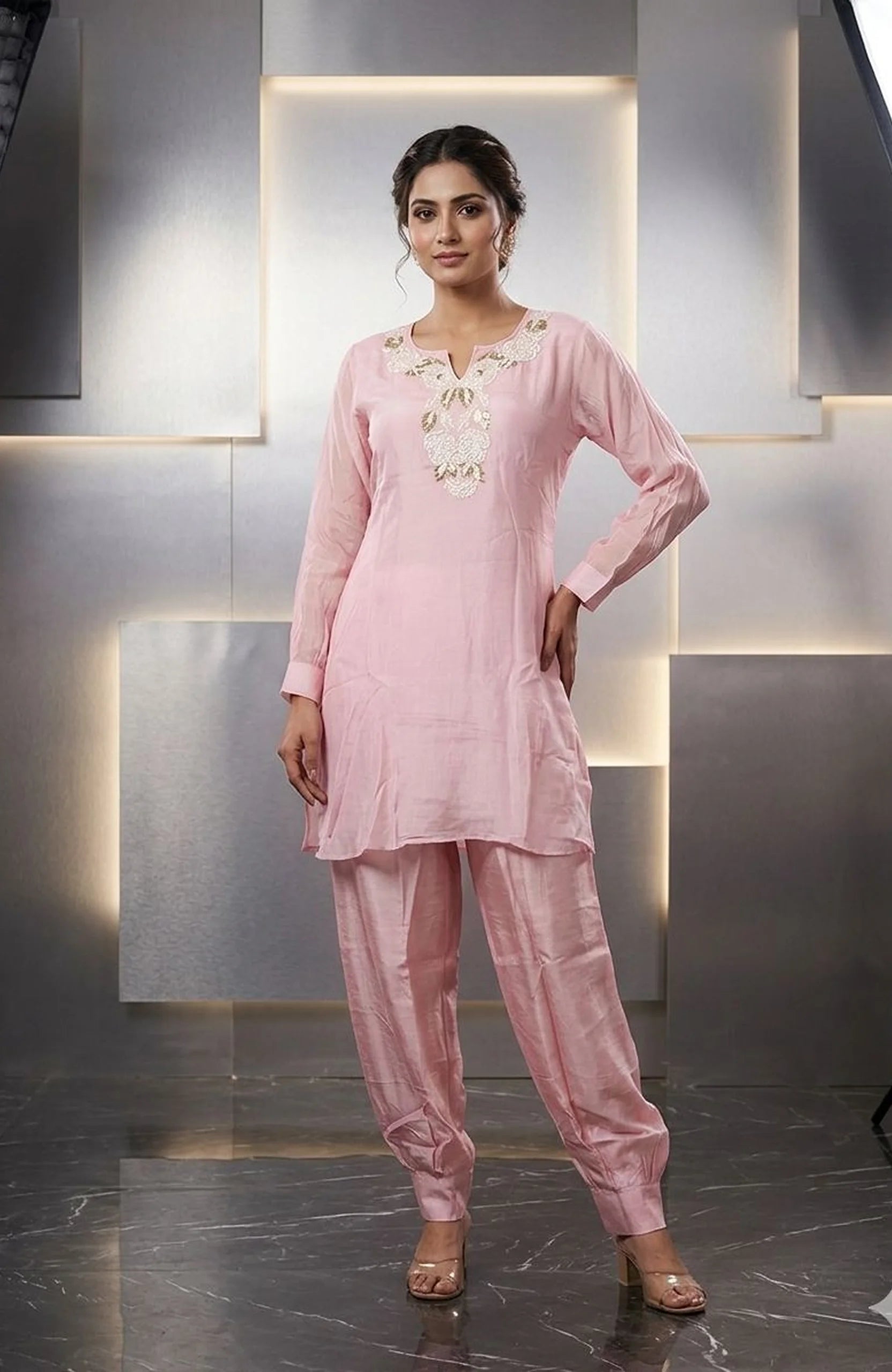 Baby Pink Pure Chinon Handwork Co-Ord Set for Women | Elegant 2 Piece Ethnic Wear