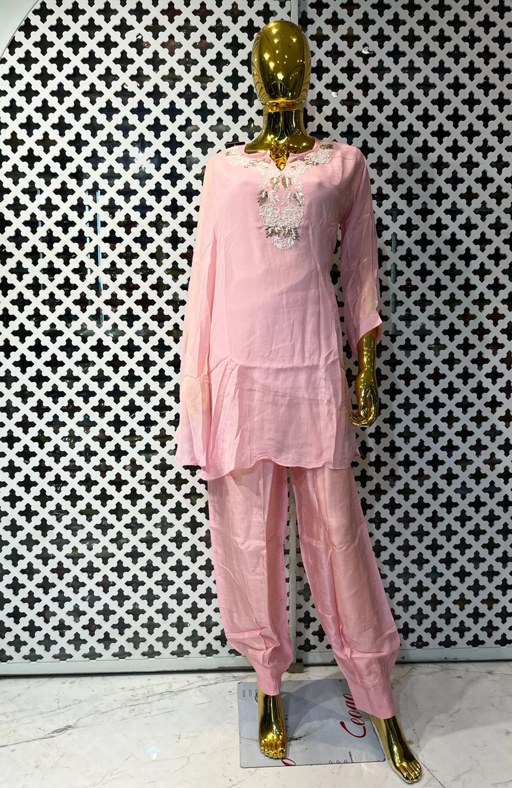Baby Pink Pure Chinon Handwork Co-Ord Set for Women | Elegant 2 Piece Ethnic Wear