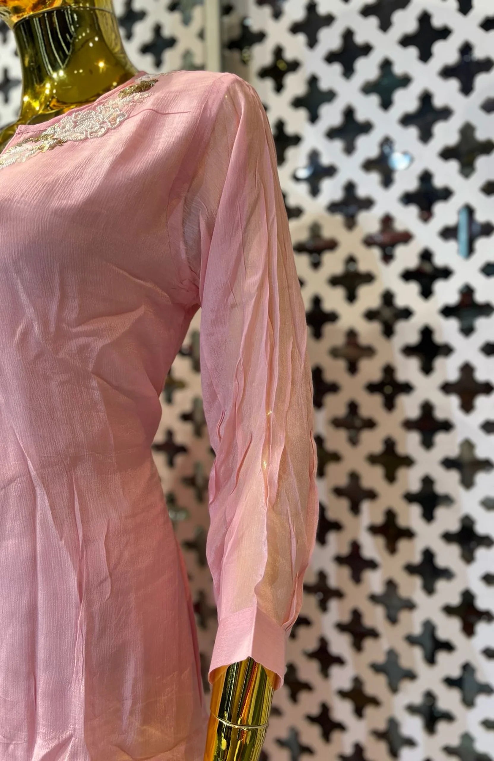 Baby Pink Pure Chinon Handwork Co-Ord Set for Women | Elegant 2 Piece Ethnic Wear