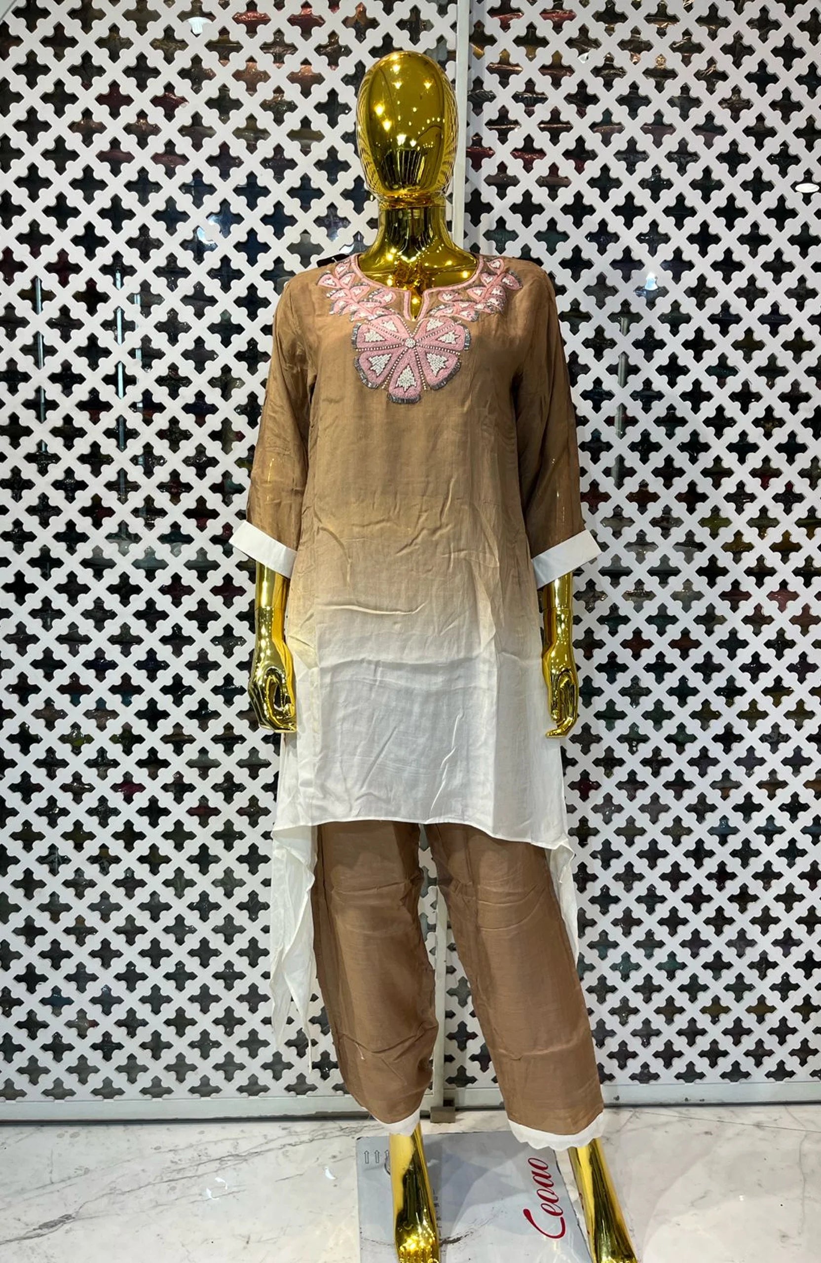 Coffee Pure Santoon Embroidered Co-Ord Set for Women | Beads Work Designer 2 Piece Cord Set