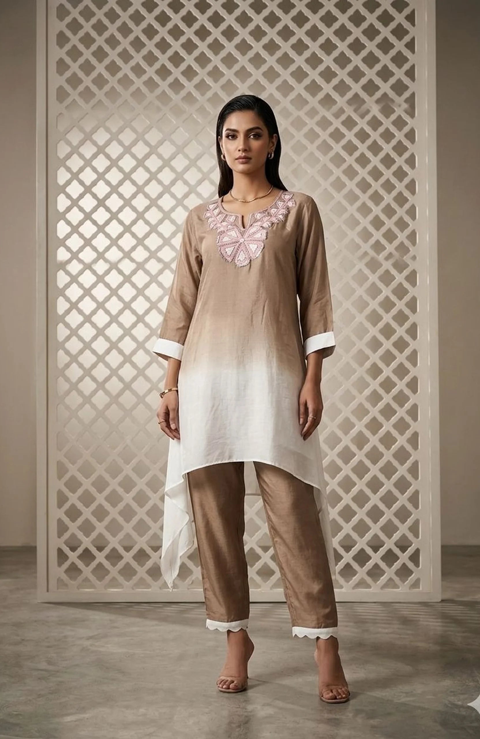 Coffee Pure Santoon Embroidered Co-Ord Set for Women | Beads Work Designer 2 Piece Cord Set