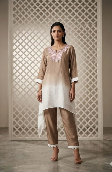 Coffee Pure Santoon Embroidered Co-Ord Set for Women | Beads Work Designer 2 Piece Cord Set