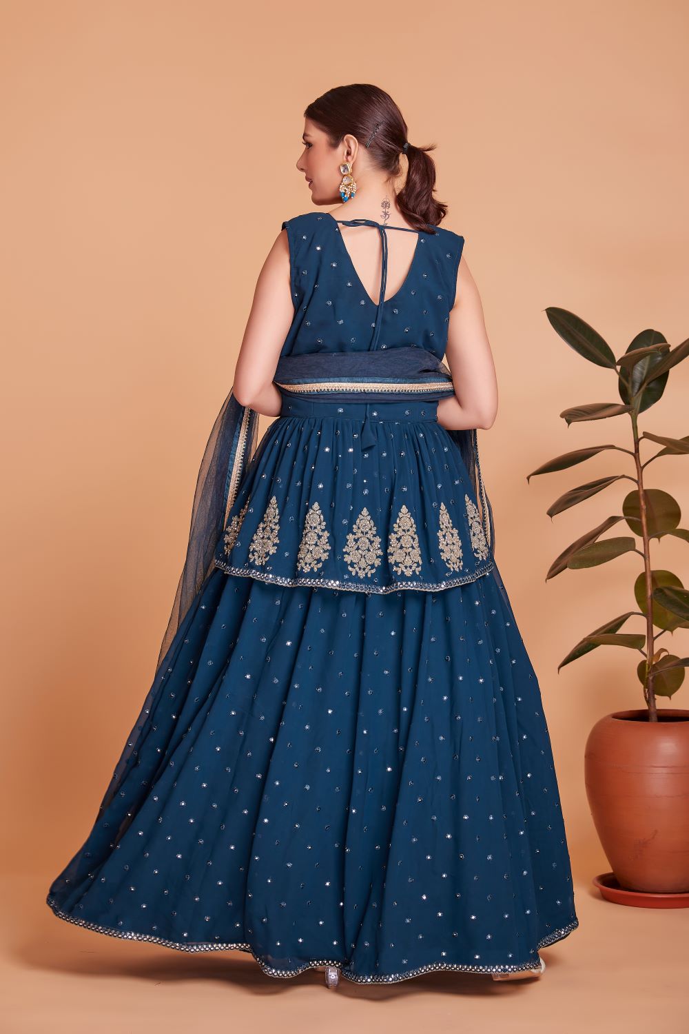 Navy blue lengha with a crop top | Lehenga designs simple, Velvet dress  designs, Traditional indian dress
