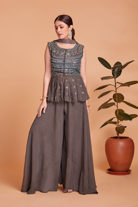 stylish umber brown colored party wear peplum with plazo