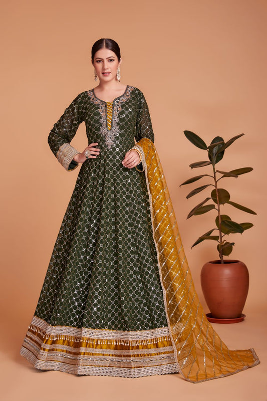 new designer olive green gown with sequin and embroidery work