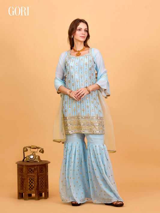 Elegant looking latest party wear sea blue sharara suit with embroidery work