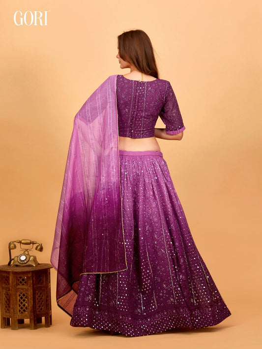 Party wear hot wine crop top lehenga with a touch of embroidery and sequin