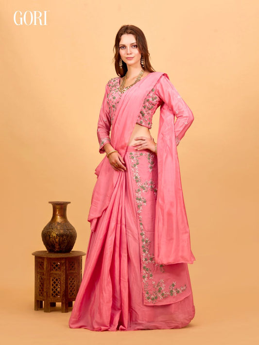 Taffy pink drape style crop-top lehenga