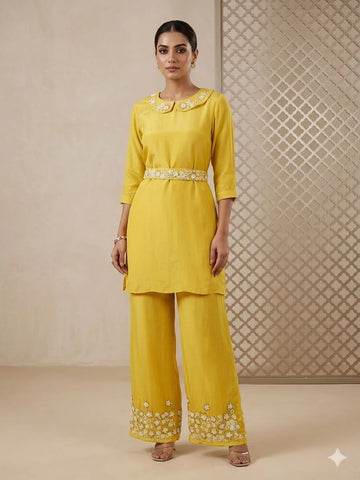 Mustard Yellow Pure Chinon Handwork Palazzo Cord Set for Women | Designer 2 Piece Ethnic Co-ord Set