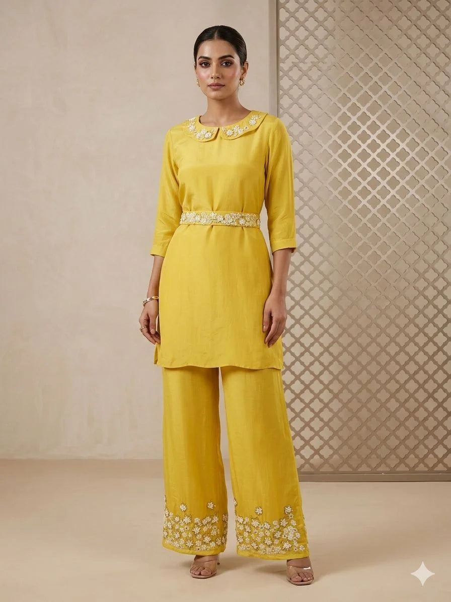 Mustard Yellow Pure Chinon Handwork Palazzo Cord Set for Women | Designer 2 Piece Ethnic Co-ord Set