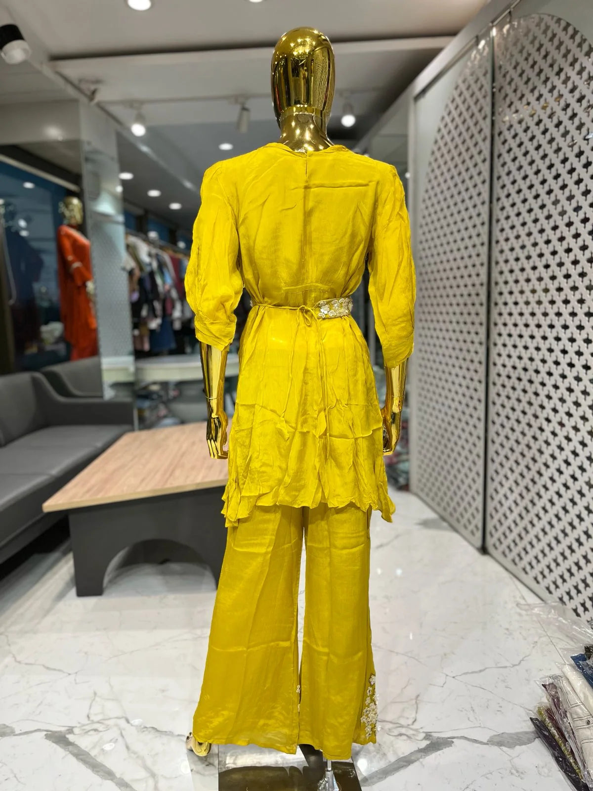 Mustard Yellow Pure Chinon Handwork Palazzo Cord Set for Women | Designer 2 Piece Ethnic Co-ord Set
